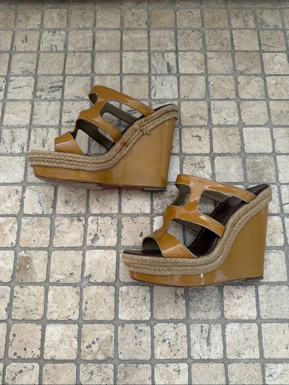 Christian Louboutin Tan Patent Leather Espadrille Wedge Sandals